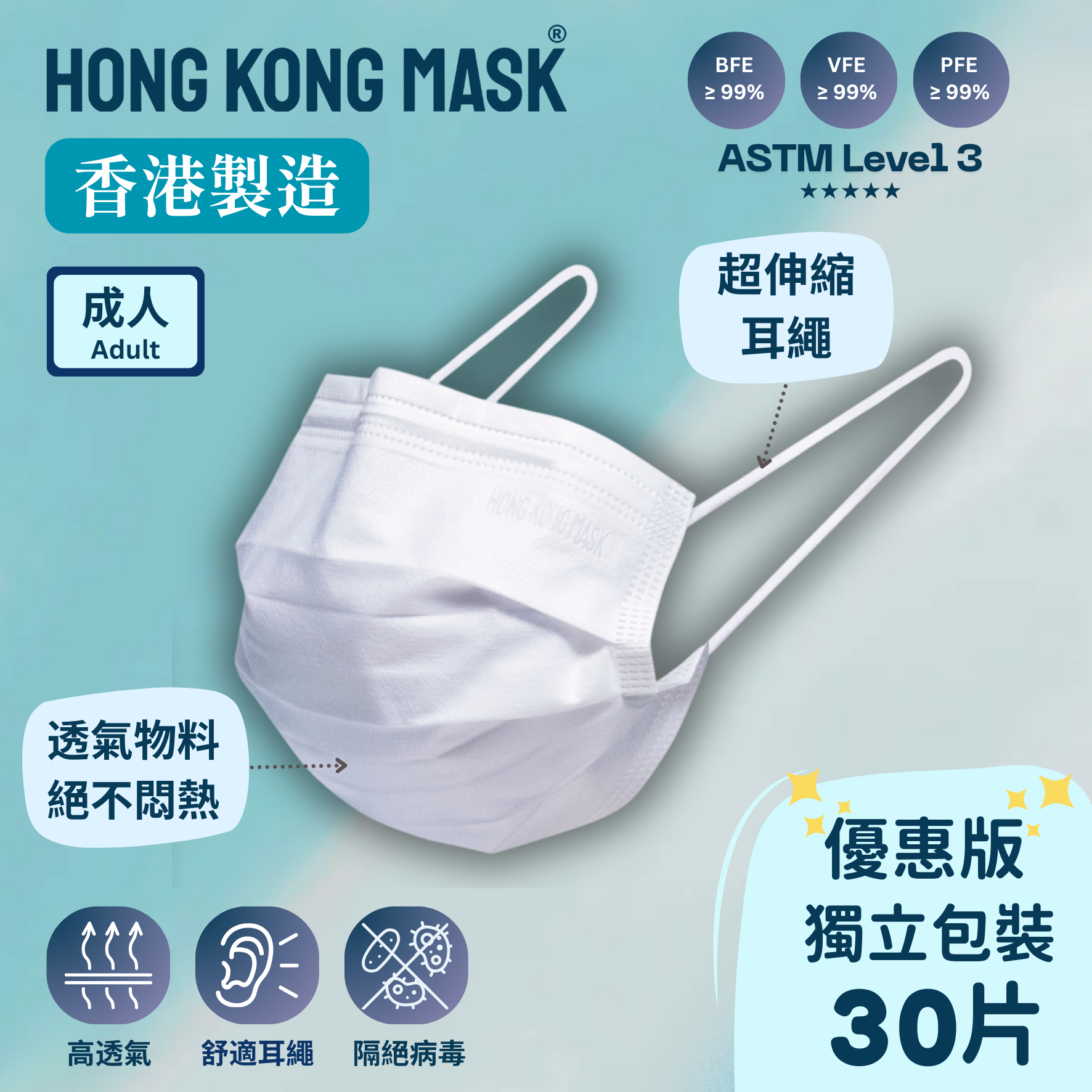 成人口罩 (30片裝・獨立包裝) - 白色 【香港製造】