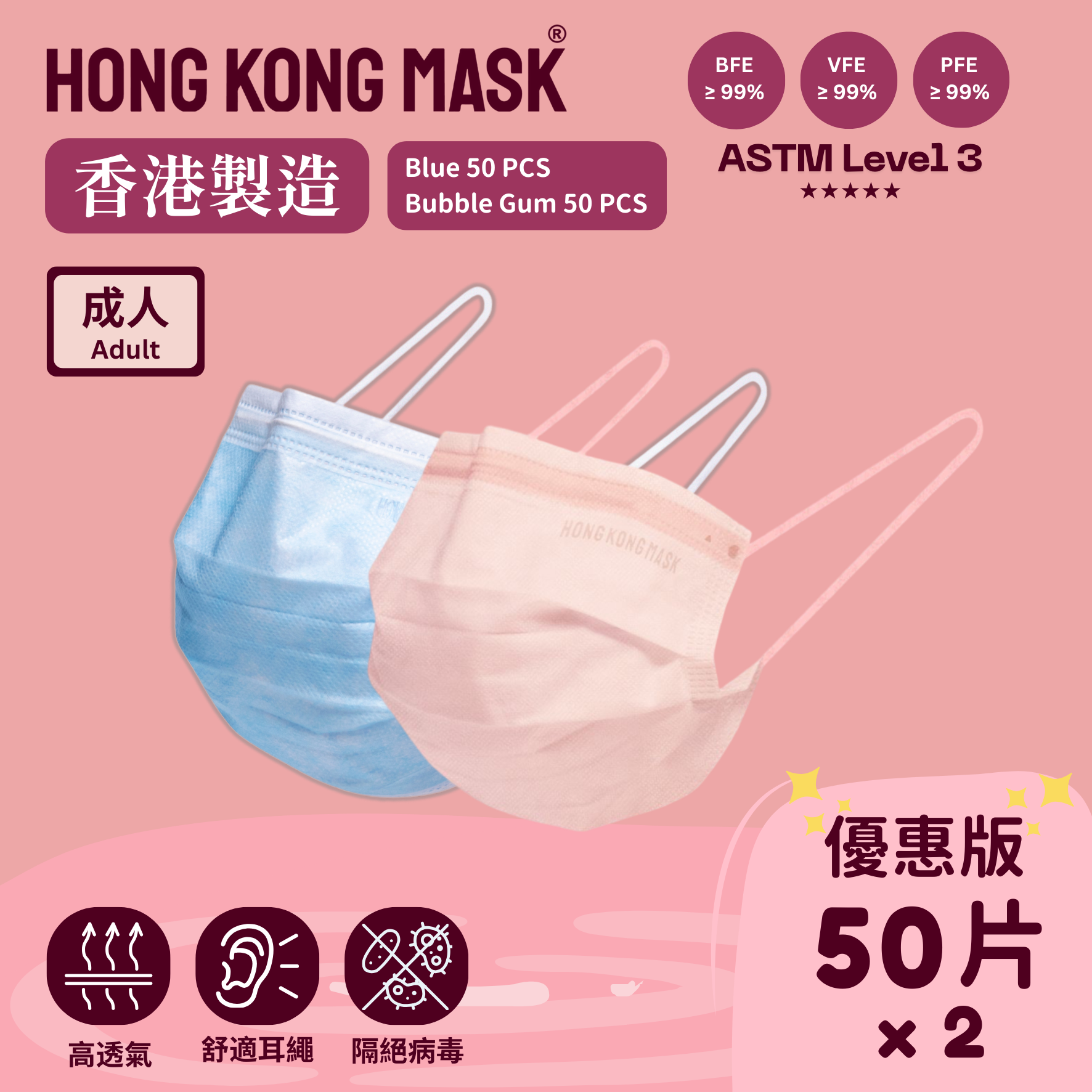 成人口罩 - (2盒共100片裝) - 天藍色組合系列- 蝦粉色 + 天藍色