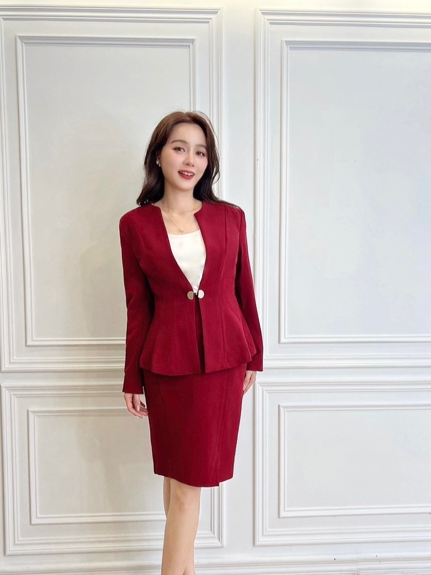 半圓金釦西裝套裝(紅)