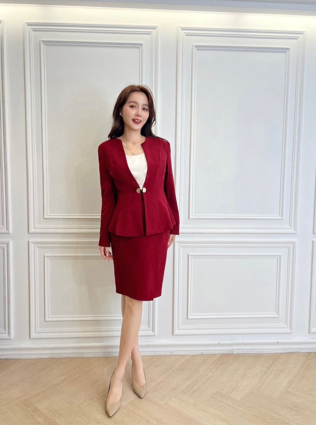 半圓金釦西裝套裝(紅)