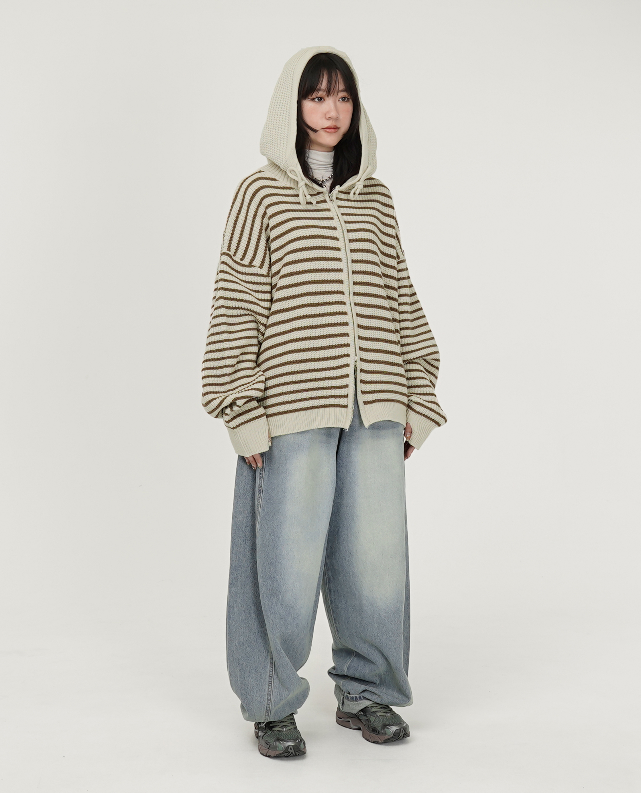 細條紋針織連帽外套