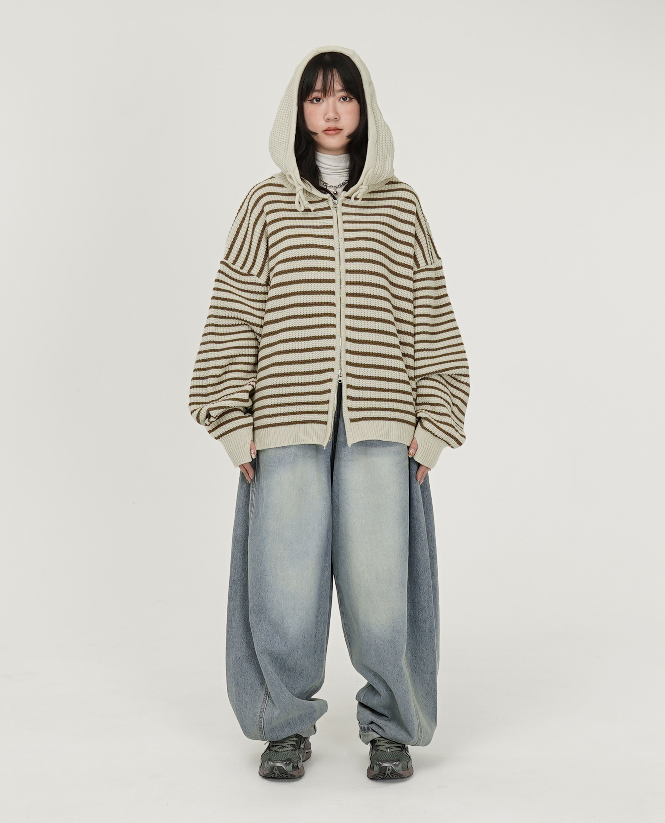 細條紋針織連帽外套