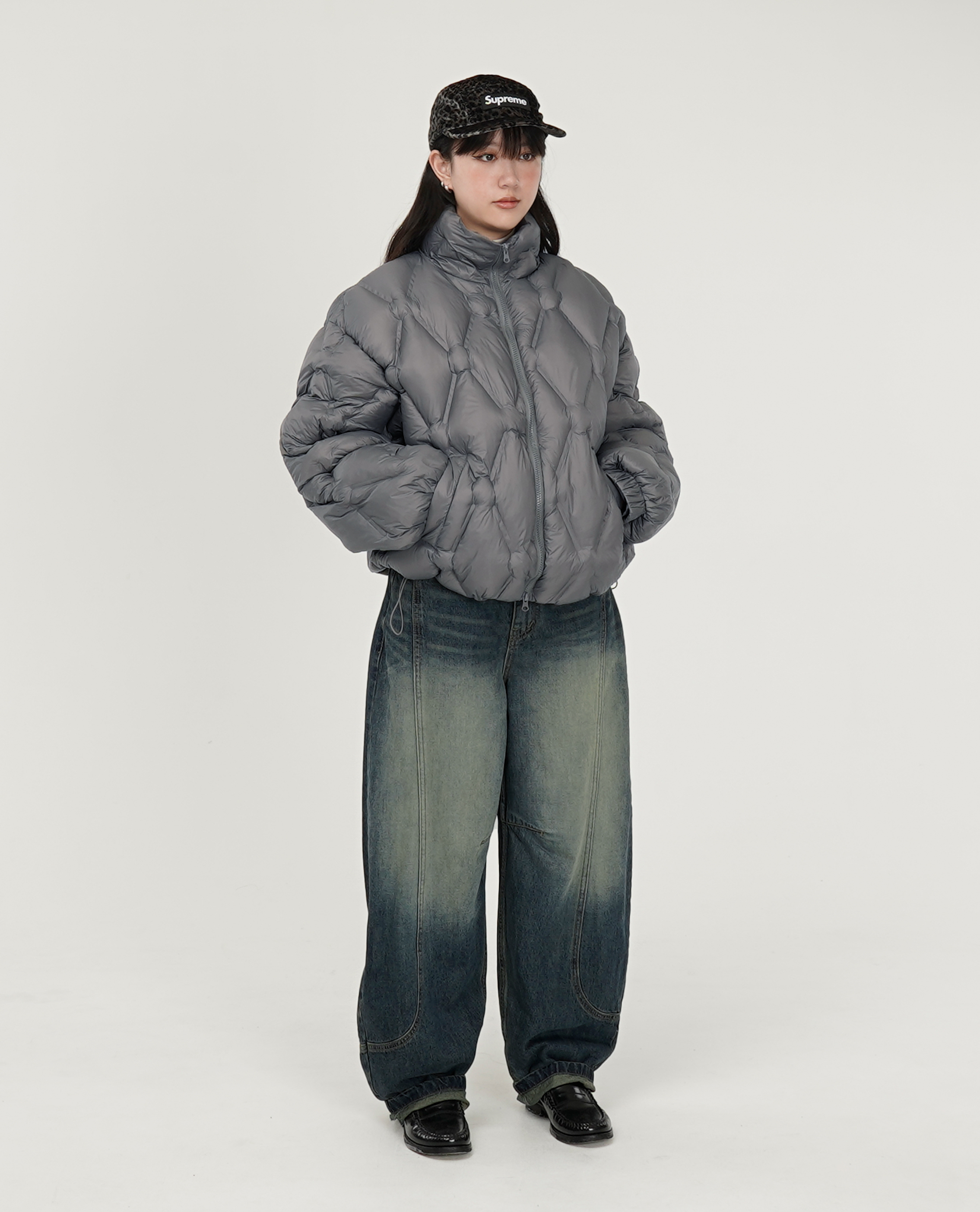 立領菱紋化纖中層寬短外套