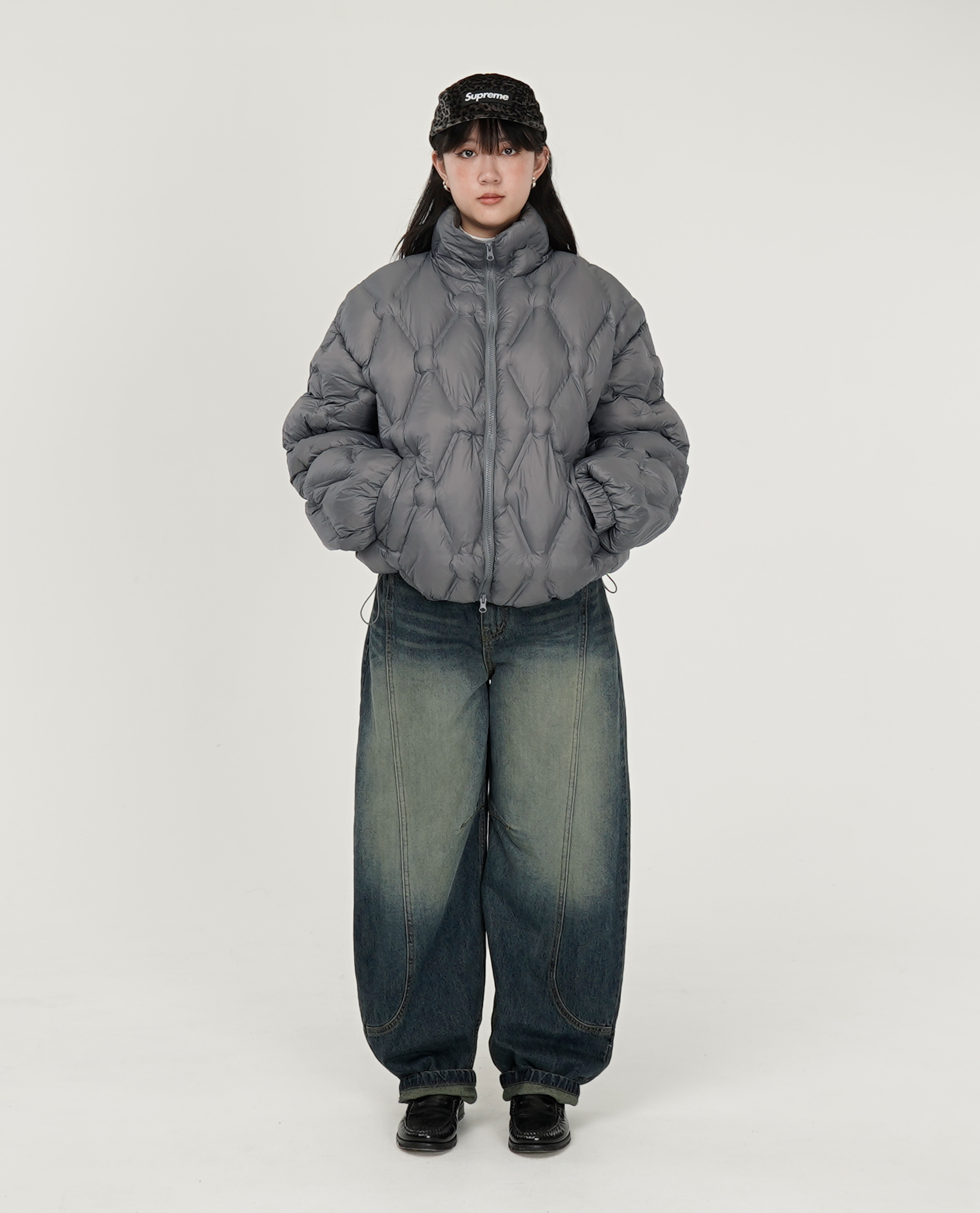 立領菱紋化纖中層寬短外套