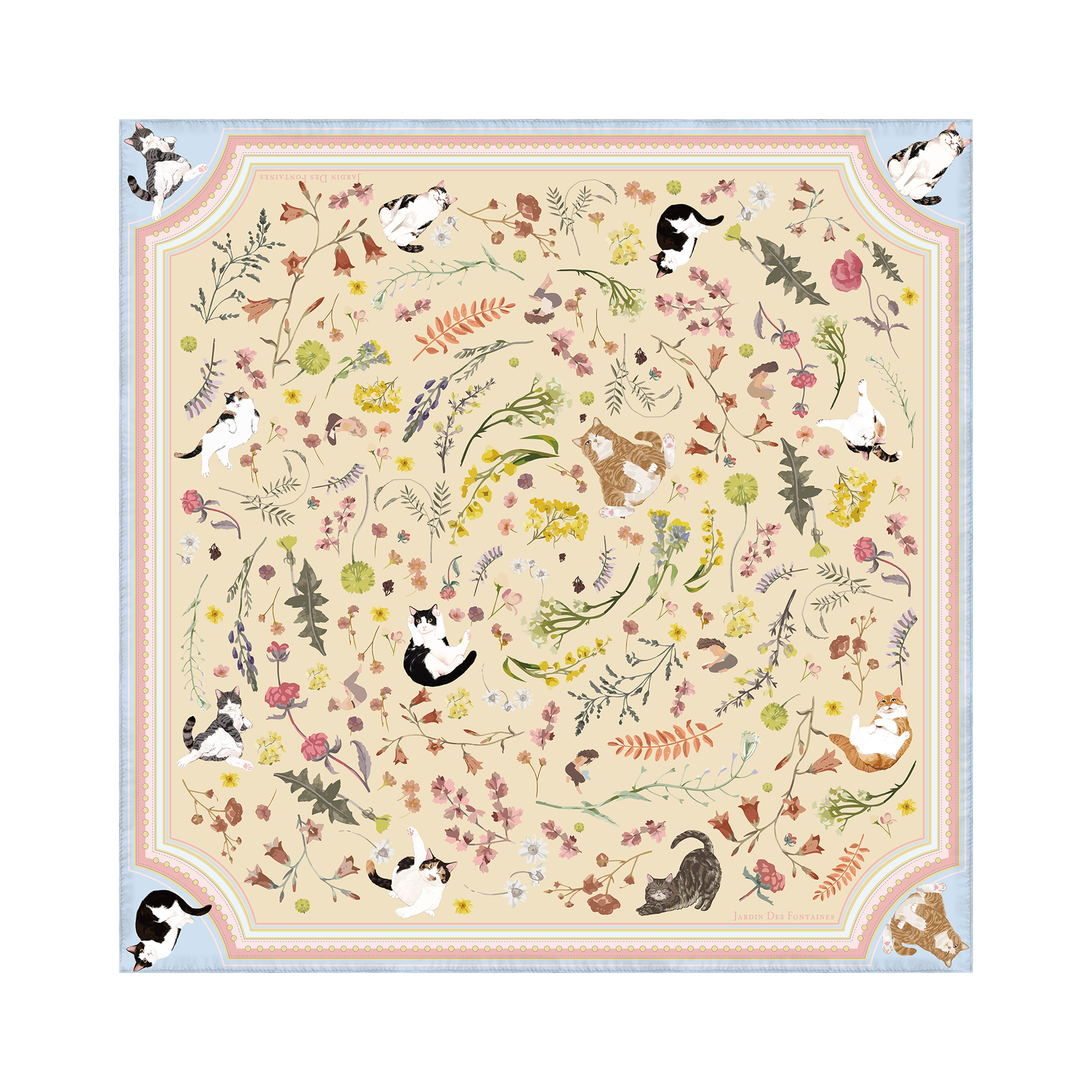 JARDIN DES FONTAINES- 波蘭貓與瑜伽士淺黃花柔滑絲巾 (60厘米)- JDF-YCF904D-60