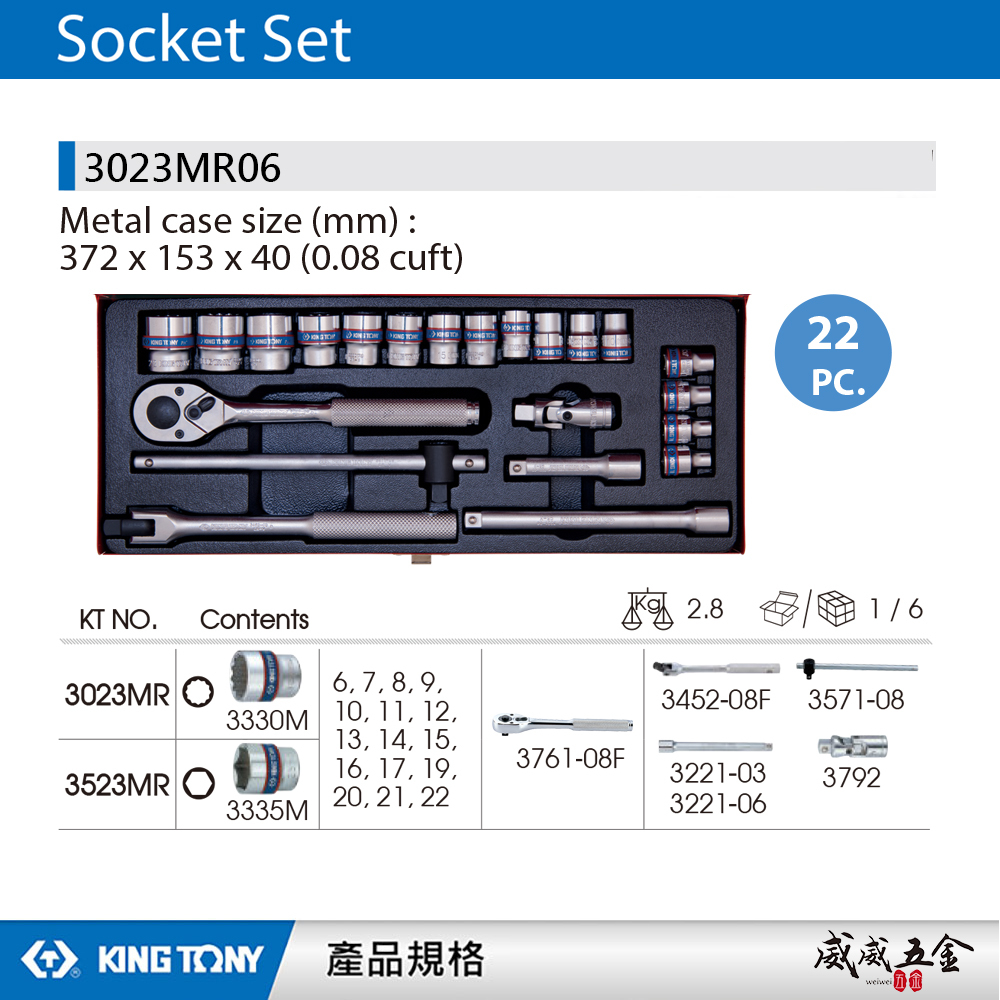 KING TONY 金統立｜6-22mm 三分套筒組22件式 3/8" 3分十二角套筒扳手｜3023MR06｜台灣製｜公司貨