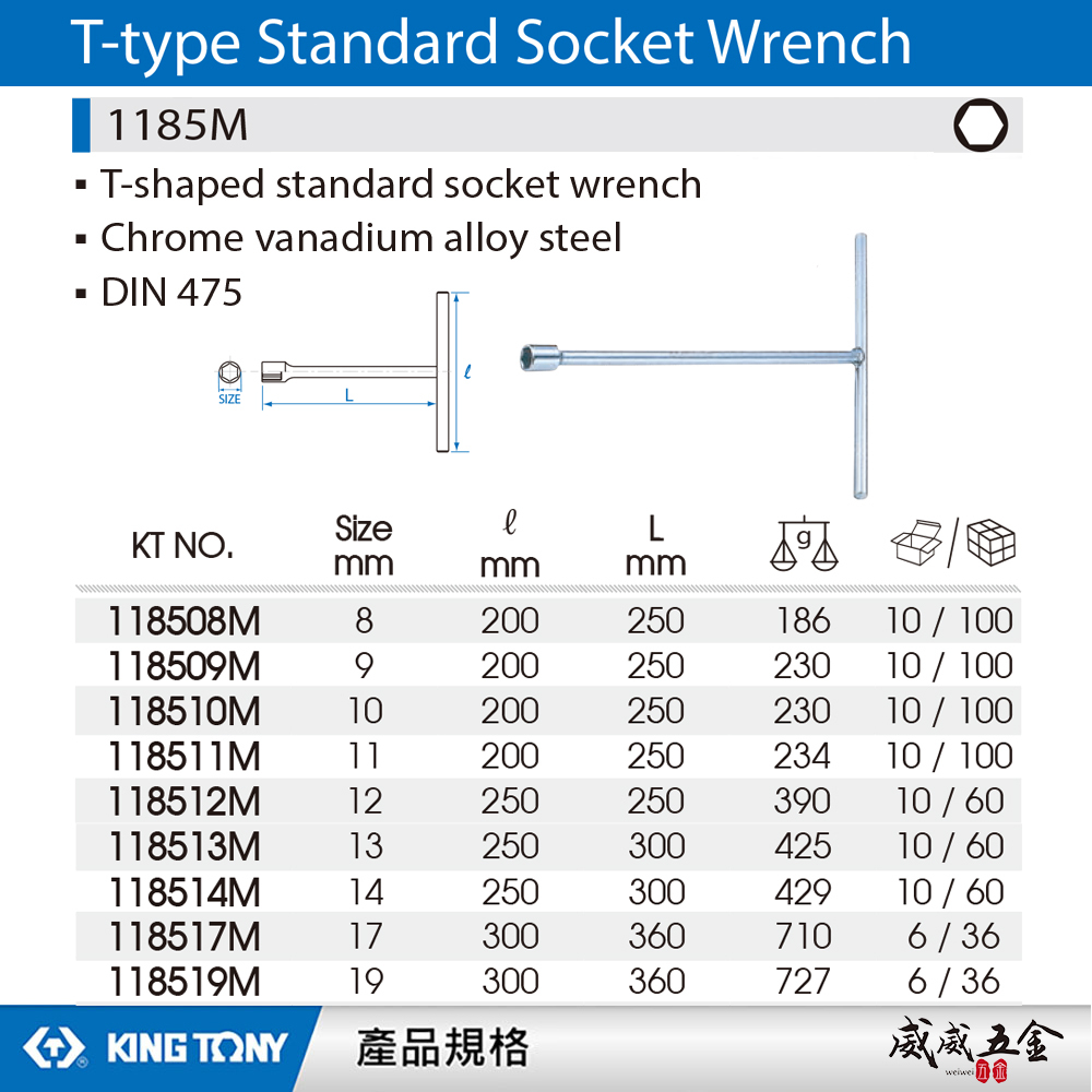 KING TONY 金統立｜零售8-19mm T型板手 標準套筒 T型套筒板手 T桿短套筒扳手｜1185M