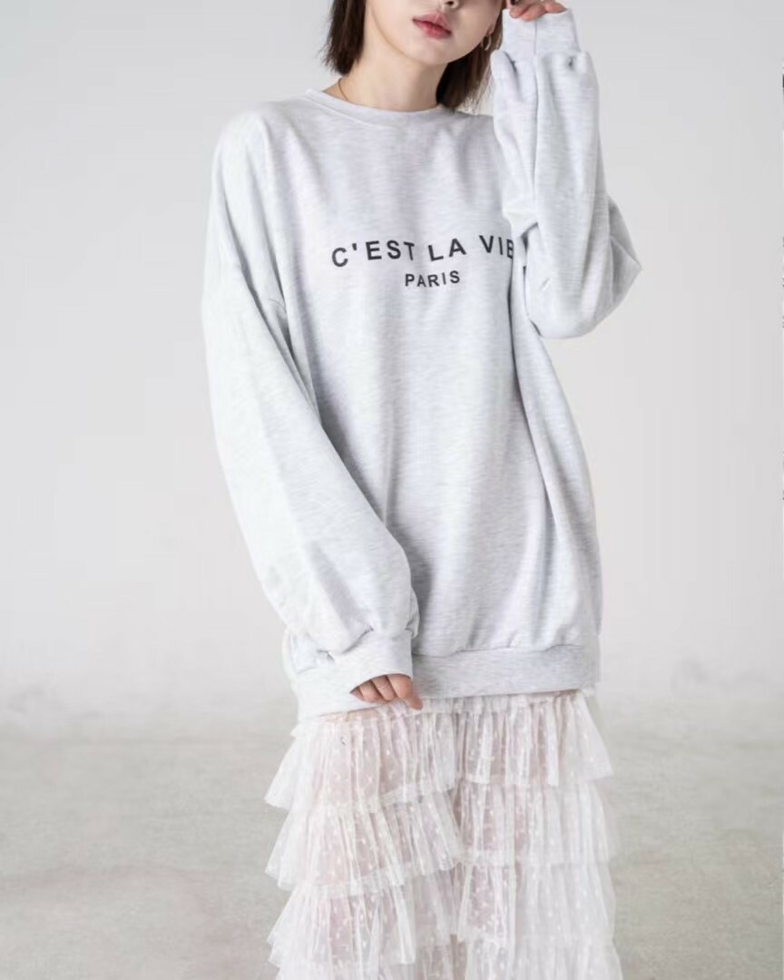 長版大學T拼接薄紗多層裙