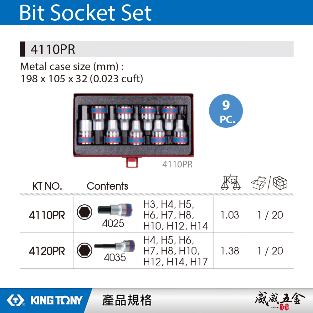 KING TONY 金統立｜3-14mm 四分六角凸套筒 1/2" 手動 4分 六角套筒9件組｜4110PR