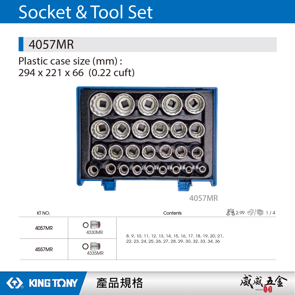 KING TONY 金統立｜8-36 四分十二角套筒組 1/2" 4分12角套筒板手組27件式｜4057MR