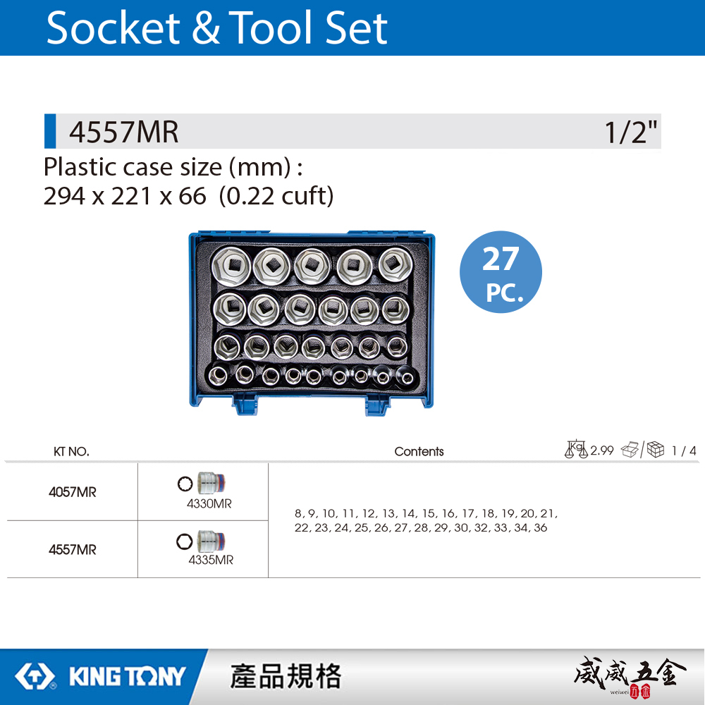 KING TONY 金統立｜8-36mm 四分六角套筒組 1/2" 手動 4分6角套筒27件式｜4557MR｜台灣製｜公司貨