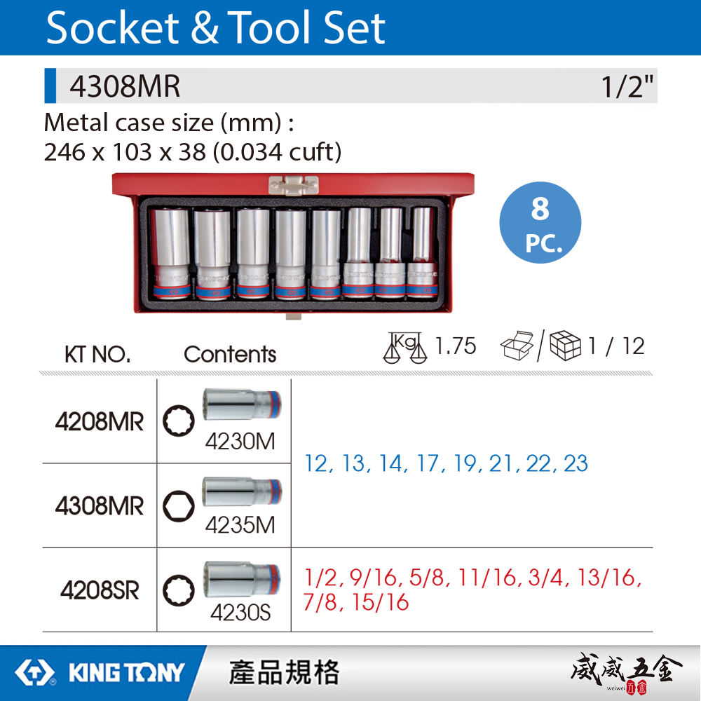 KING TONY 金統立｜12-23mm 四分 1/2" 六角長套筒組 8件式 4分6角套筒｜4308MR｜台灣製｜公司貨