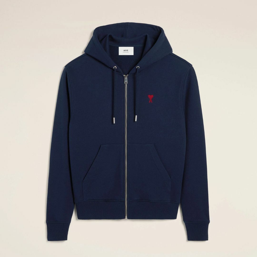 1LN0902-039 AMI Navy Cotton Ami De Coeur Zipped Hoodie Navy #BFUSW435-730-430 (C-BR-E)