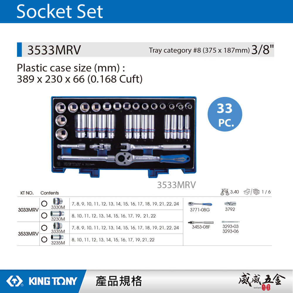 KING TONY 金統立｜三分套筒組 33件式 3/8" 六角套筒扳手組 3分 棘輪板手｜3533MRV