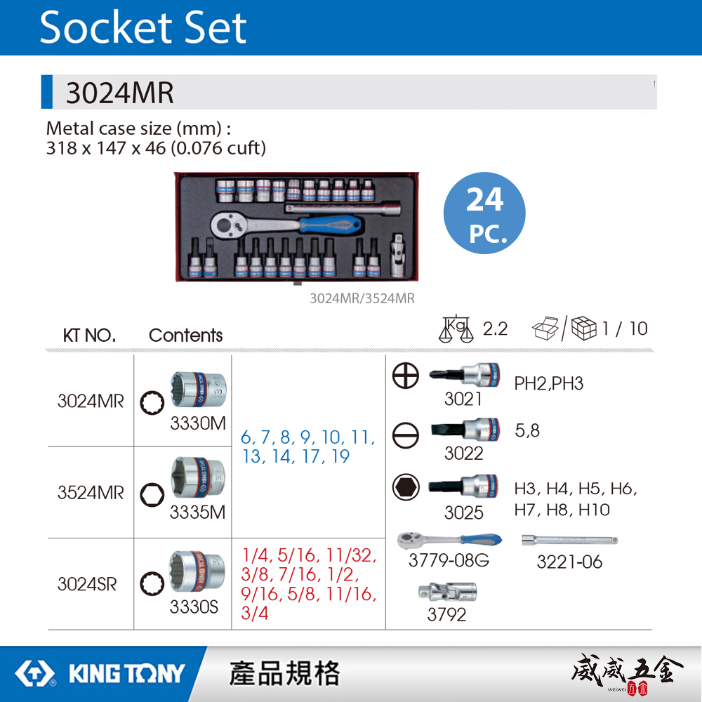 KING TONY 金統立｜三分 3/8" 24件式 3分 6角 手動套筒組 六角套筒扳手組｜3524MR
