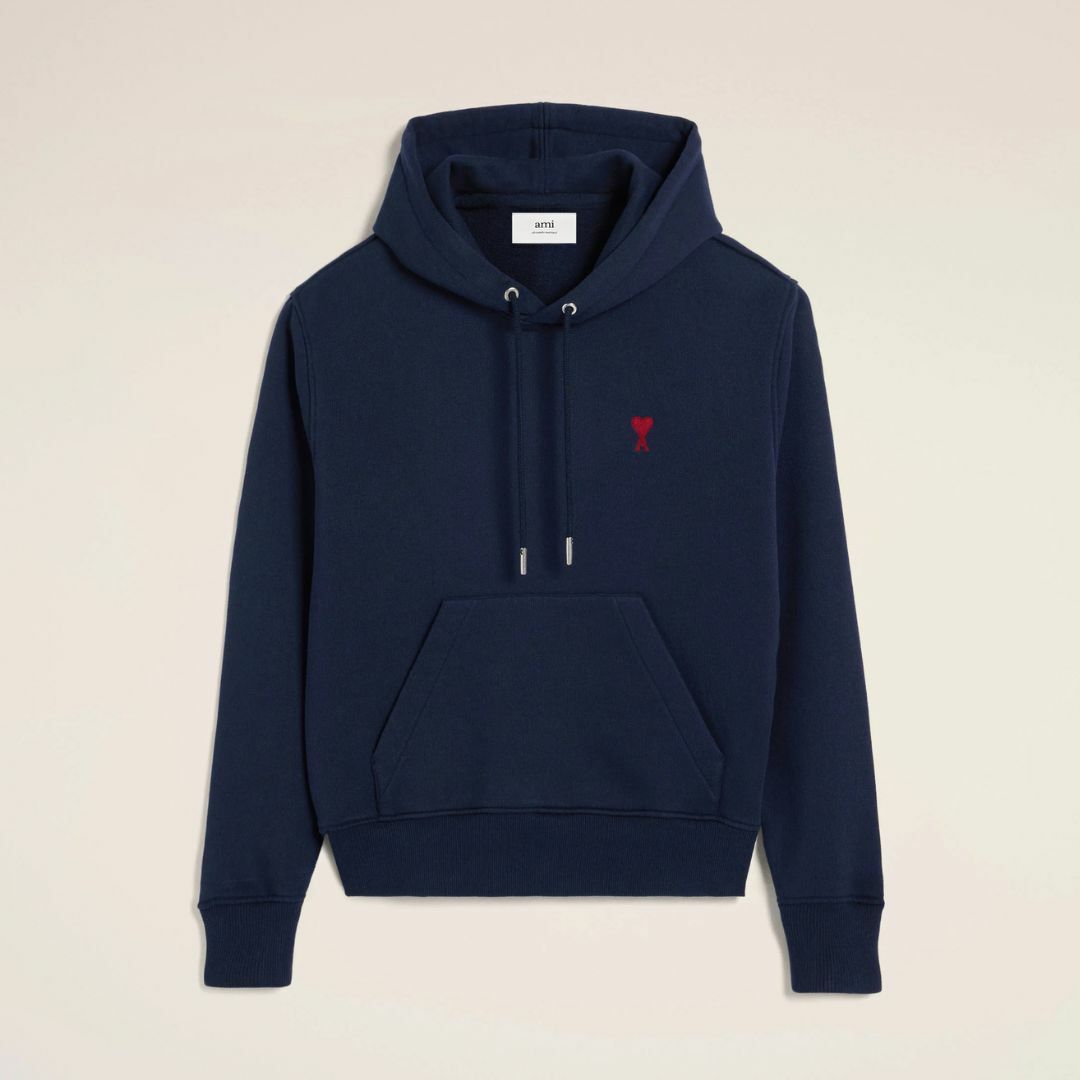 CAI08050 AMI Navy Cotton Ami de Coeur Hoodie Blue #BFUSW235.730.430 (E)