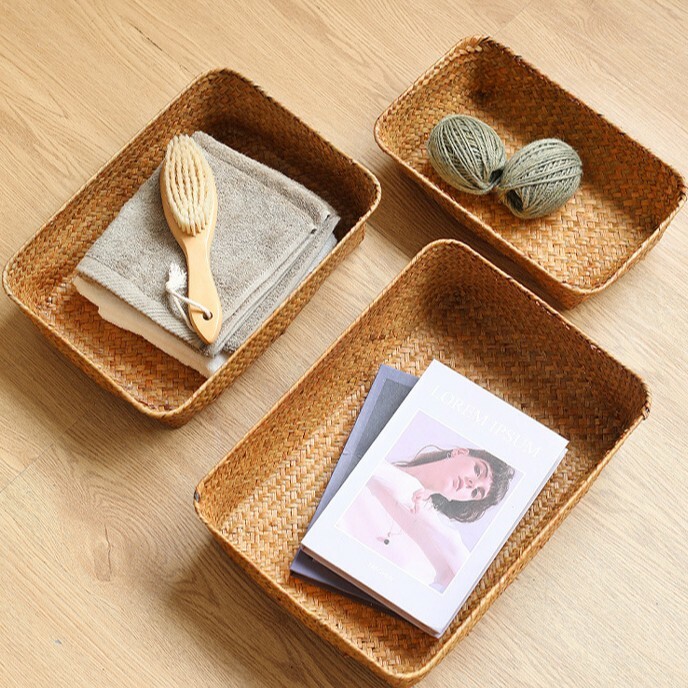 《5689》日式手工海草編織桌面收納籃