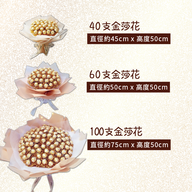 40支60支100支金莎花束,杏色包裝,比較圖