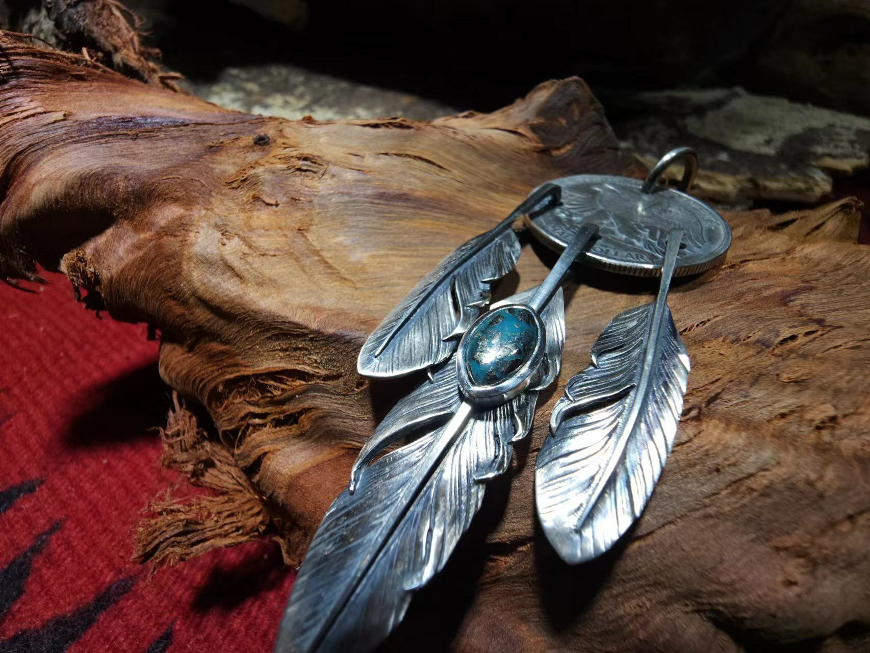 -Black Venom Jewelry- Freedom & Prayer 美國老銀幣全銀三點吊墜鑲 Morenci II松石
