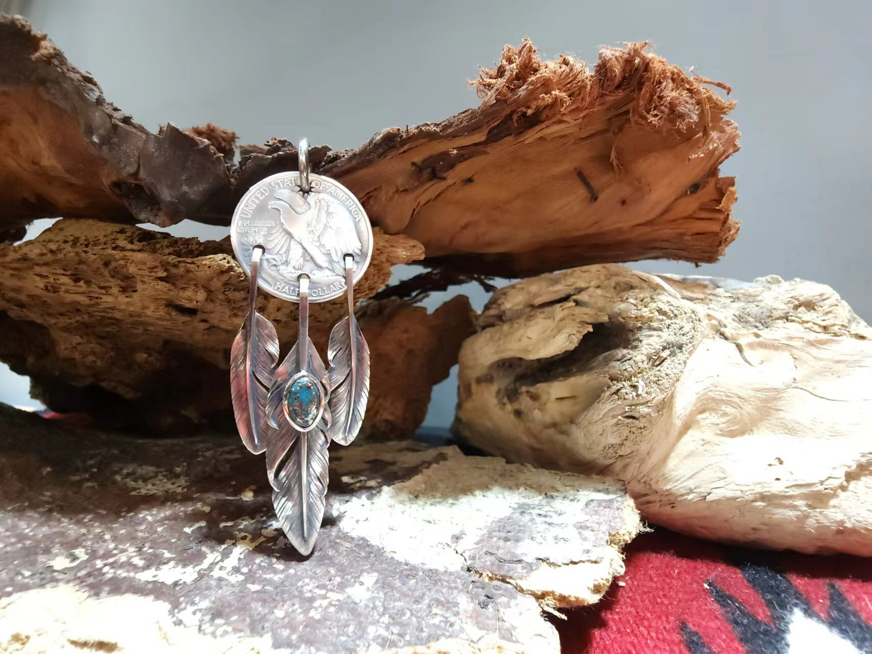 -Black Venom Jewelry- Freedom & Prayer 美國老銀幣全銀三點吊墜鑲 Morenci II松石