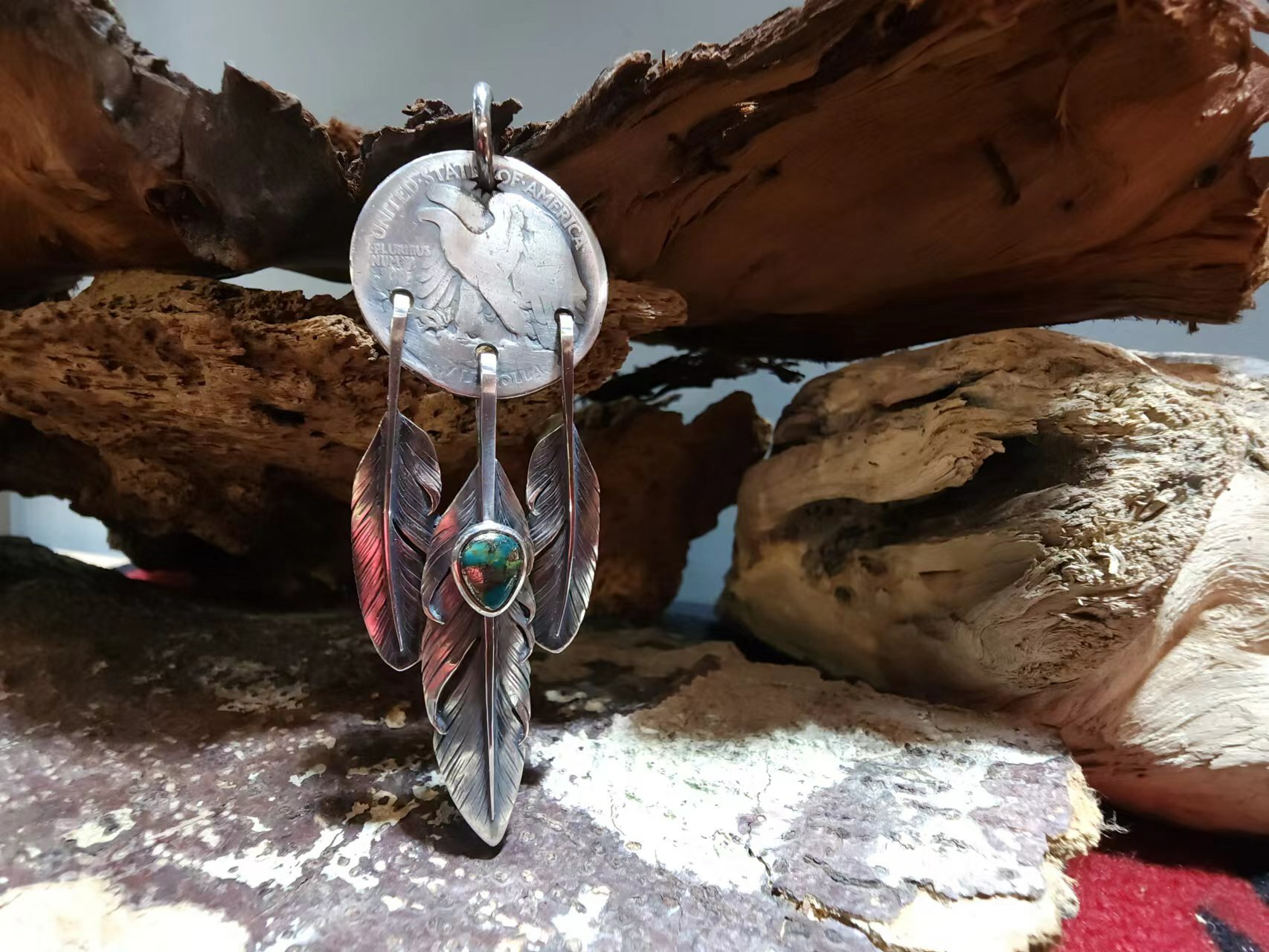 -Black Venom Jewelry- Freedom & Prayer 美國老銀幣全銀三點吊墜鑲 Morenci II松石