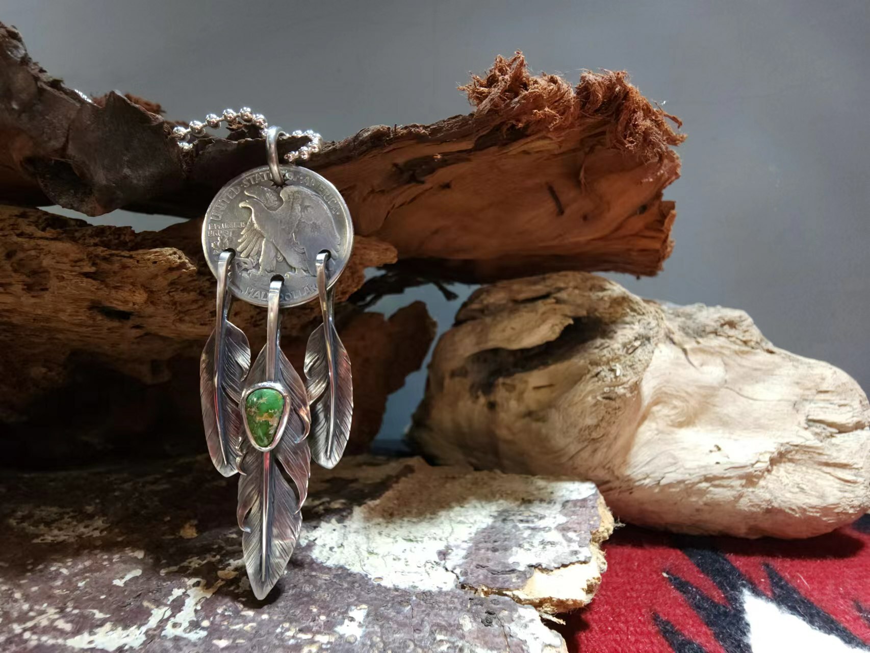 *Black Venom Jewelry- Freedom & Prayer 美國老銀幣全銀三點吊墜鑲 Sonora Gold松石