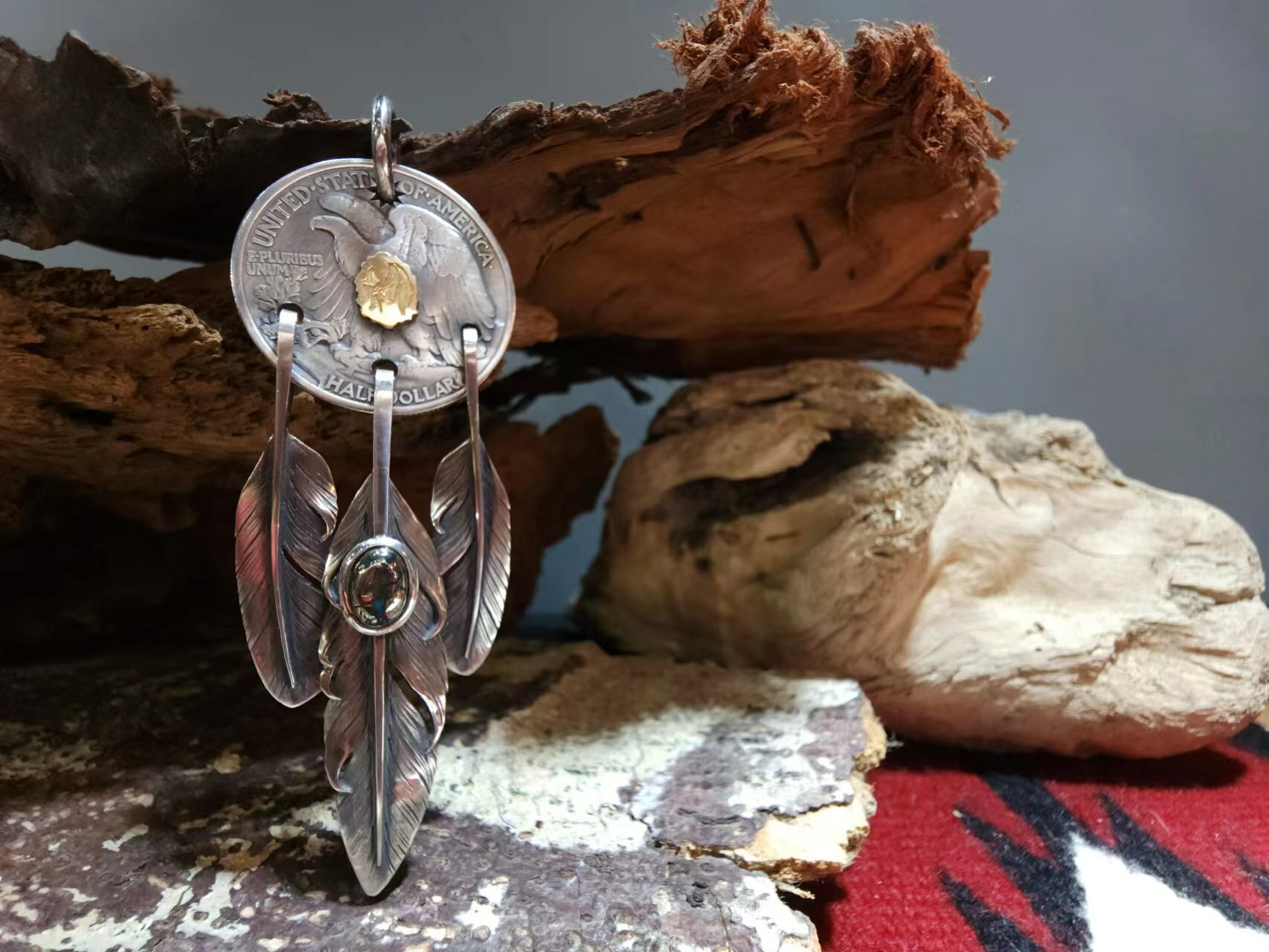-Black Venom Jewelry- Freedom & Prayer 美國老銀幣全銀點金三點吊墜鑲 Morenci II松石