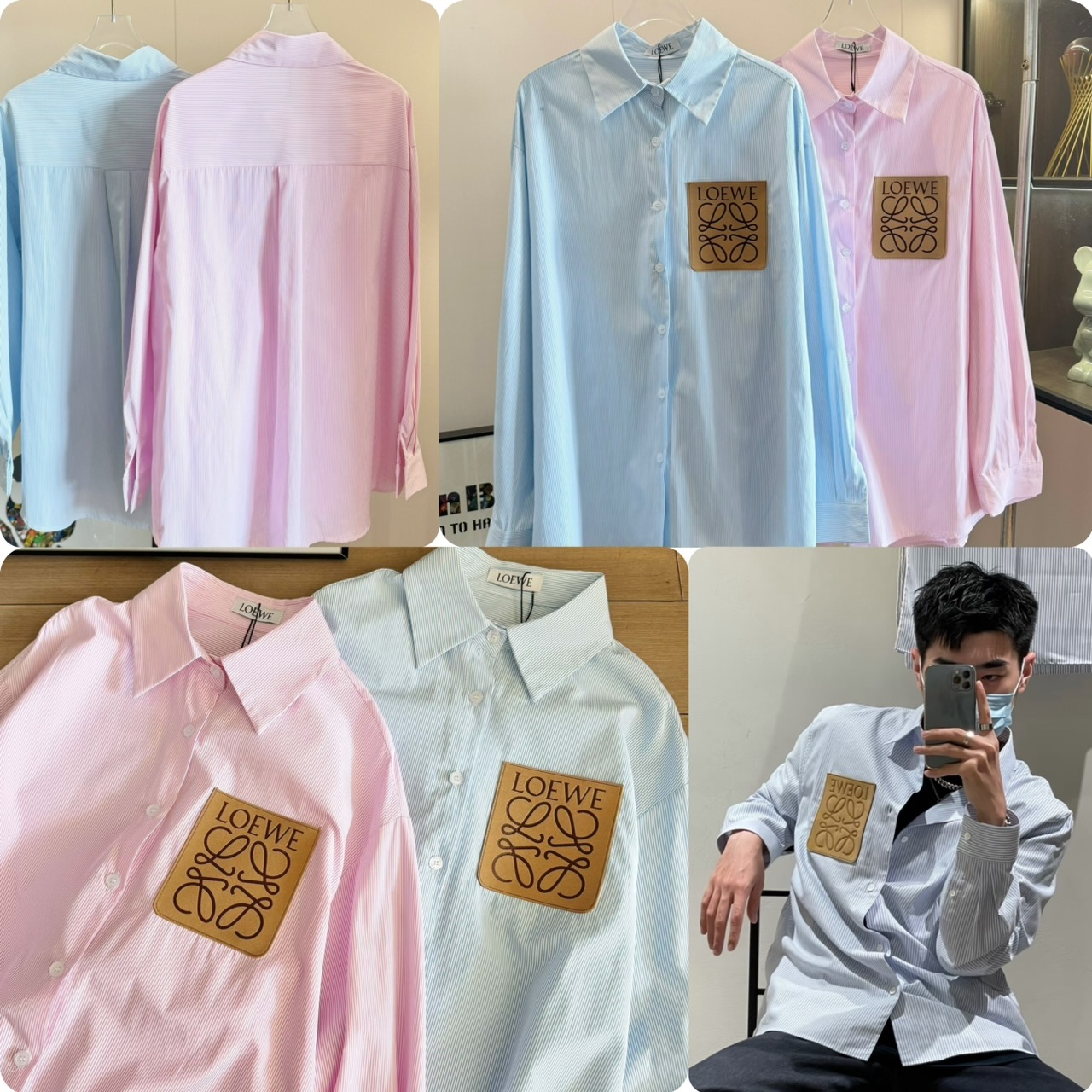 Loe*we 胸口刻皮Logo直紋襯衫-25222458