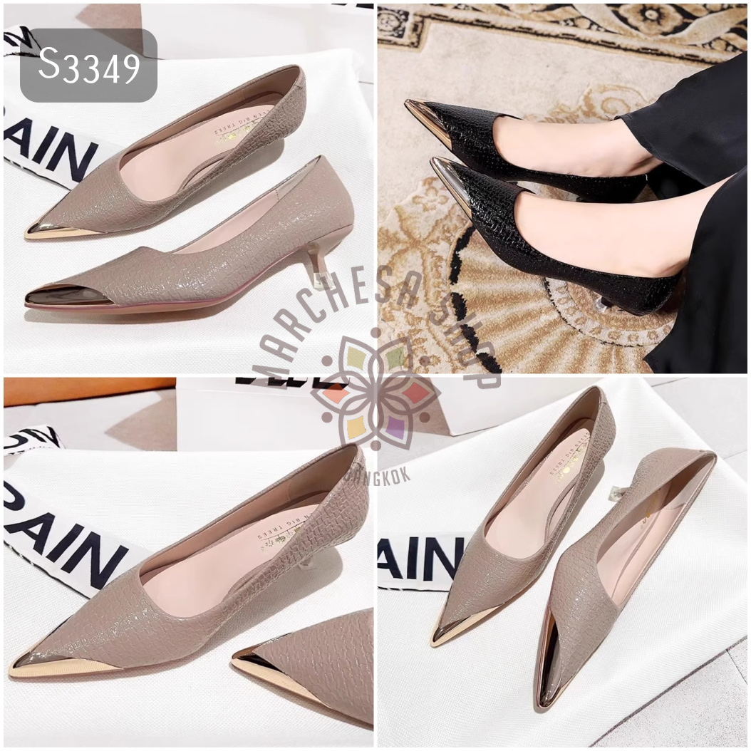 S3349 - 牛皮簡約壓紋金屬尖頭高踭鞋