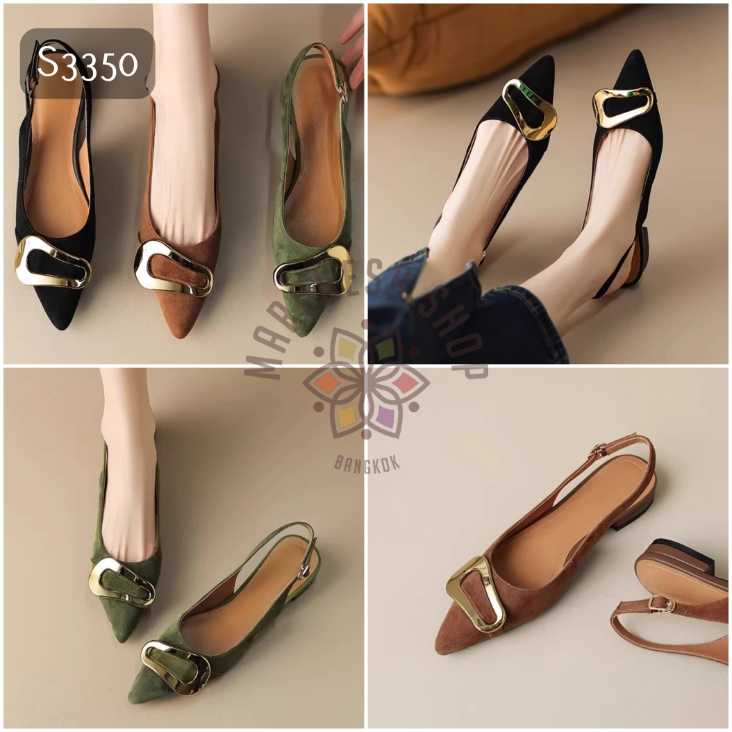 S3350 - 牛猄皮金扣裝飾尖頭一字後踭平底鞋