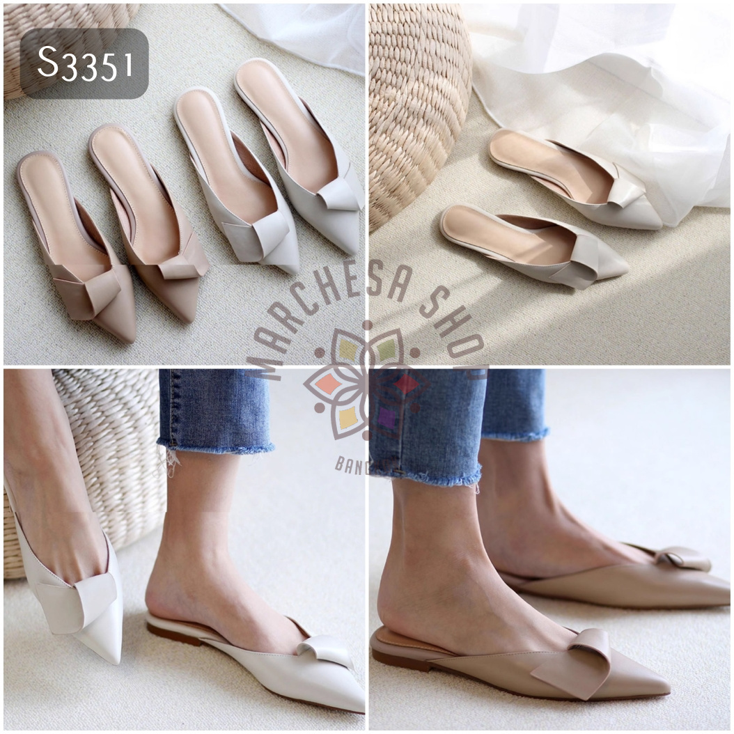 S3351 - 牛皮立體裝飾尖頭平底涼拖