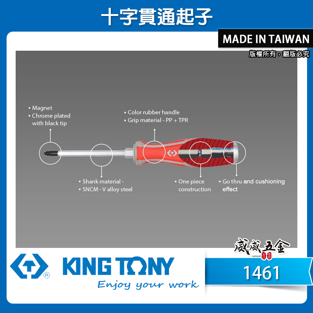 KING TONY 金統立 台灣製｜十字貫通起子 PH1 PH2 PH3 打擊膠柄貫通十字螺絲起子｜1461