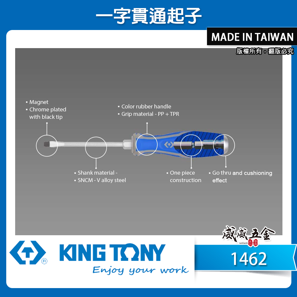 KING TONY 金統立 台灣製｜膠柄一字貫通起子 一字頭螺絲起子 一字起子 六角型柄身打擊起子｜1462
