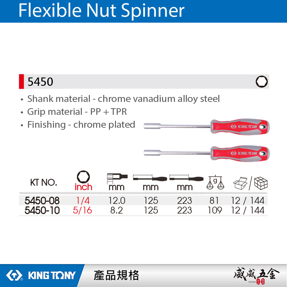 KING TONY 金統立｜英制 1/4" 5/16" 膠柄螺絲起子套筒 六角套筒起子｜5450-08 5450-10｜台灣製｜公司貨