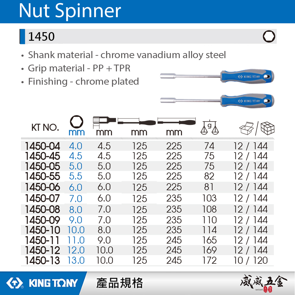 台灣製 KING TONY 金統立｜零售4-13mm 膠柄螺絲起子套筒 六角套筒起子 六角螺絲起子｜1450