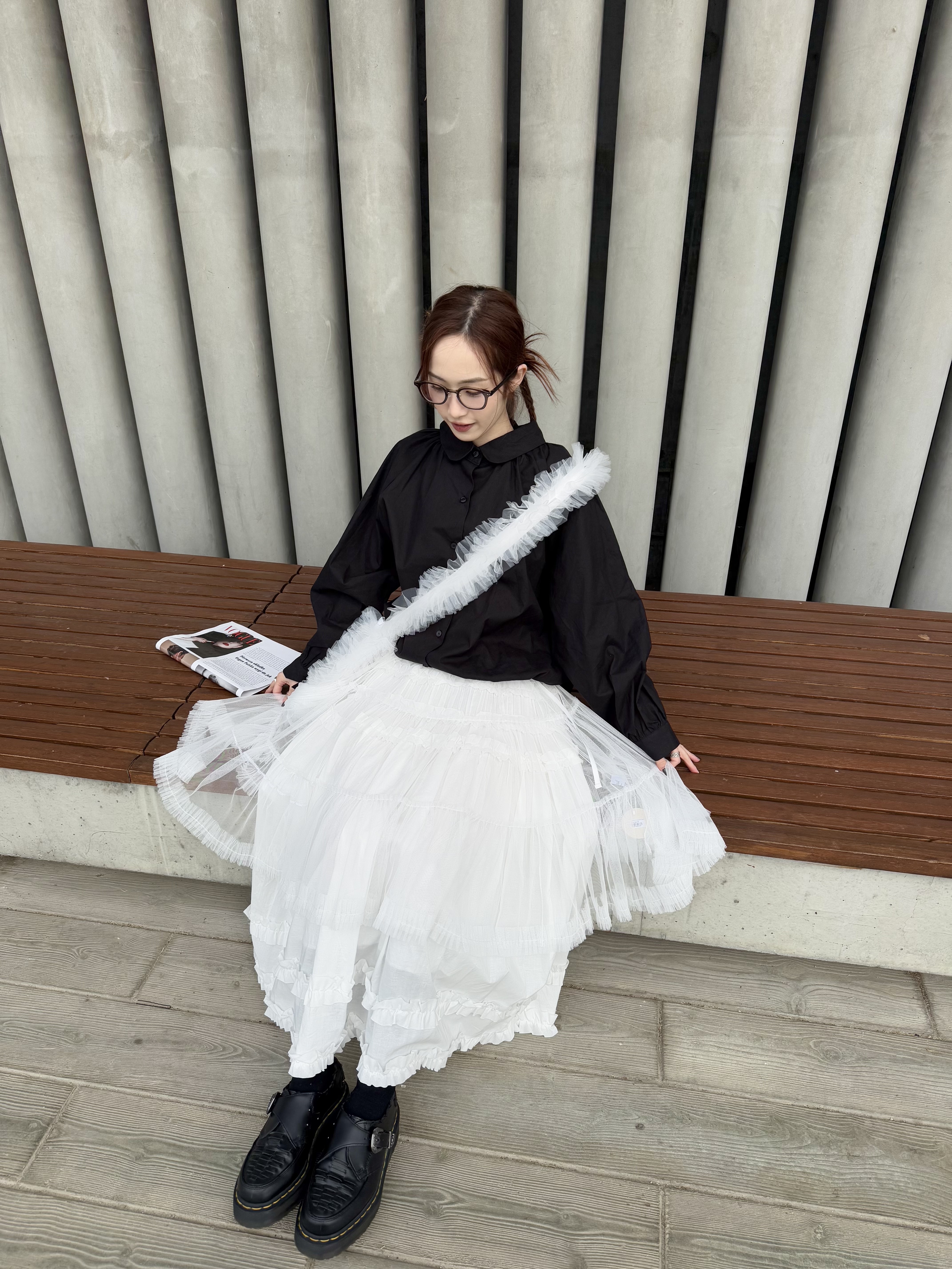 [兩色入] 娃娃領束感泡泡型恤衫(Black)