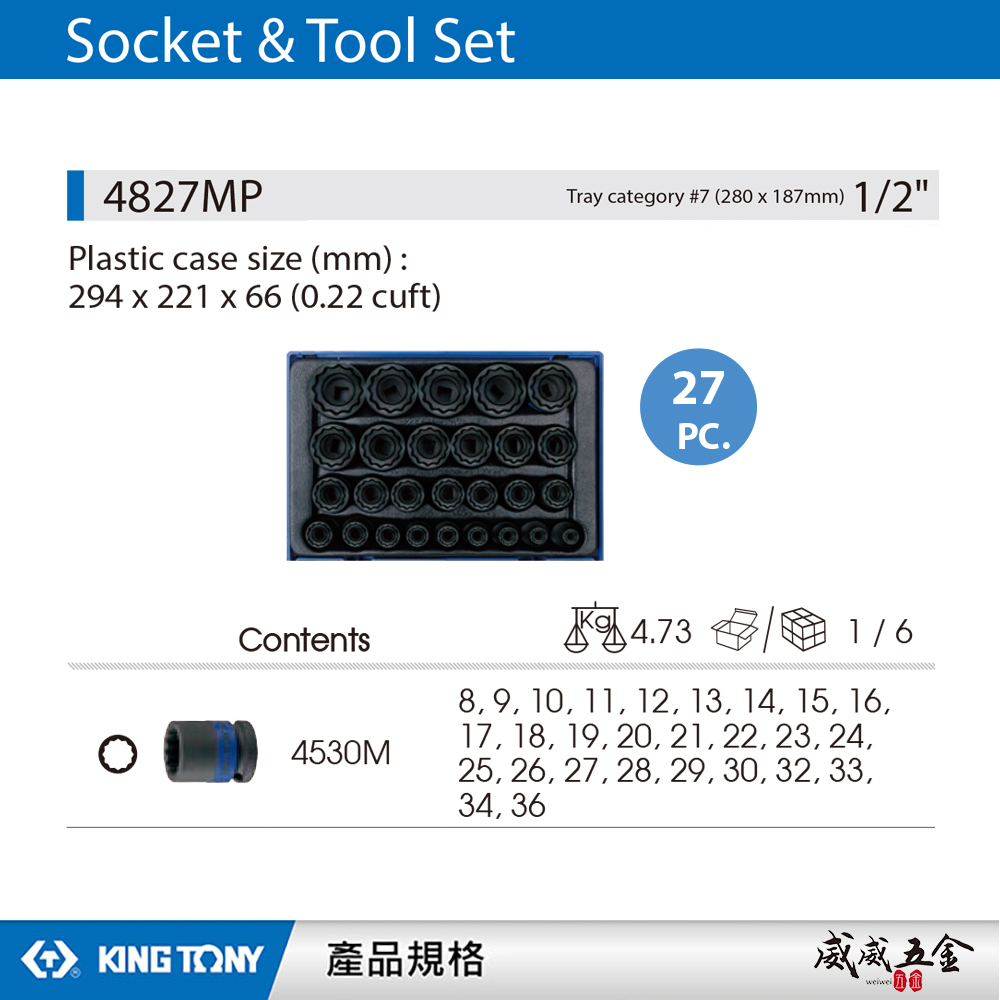 KING TONY 金統立｜8-36 四分 1/2"十二角氣動套筒組 4分氣動短套筒27件式｜4827MP