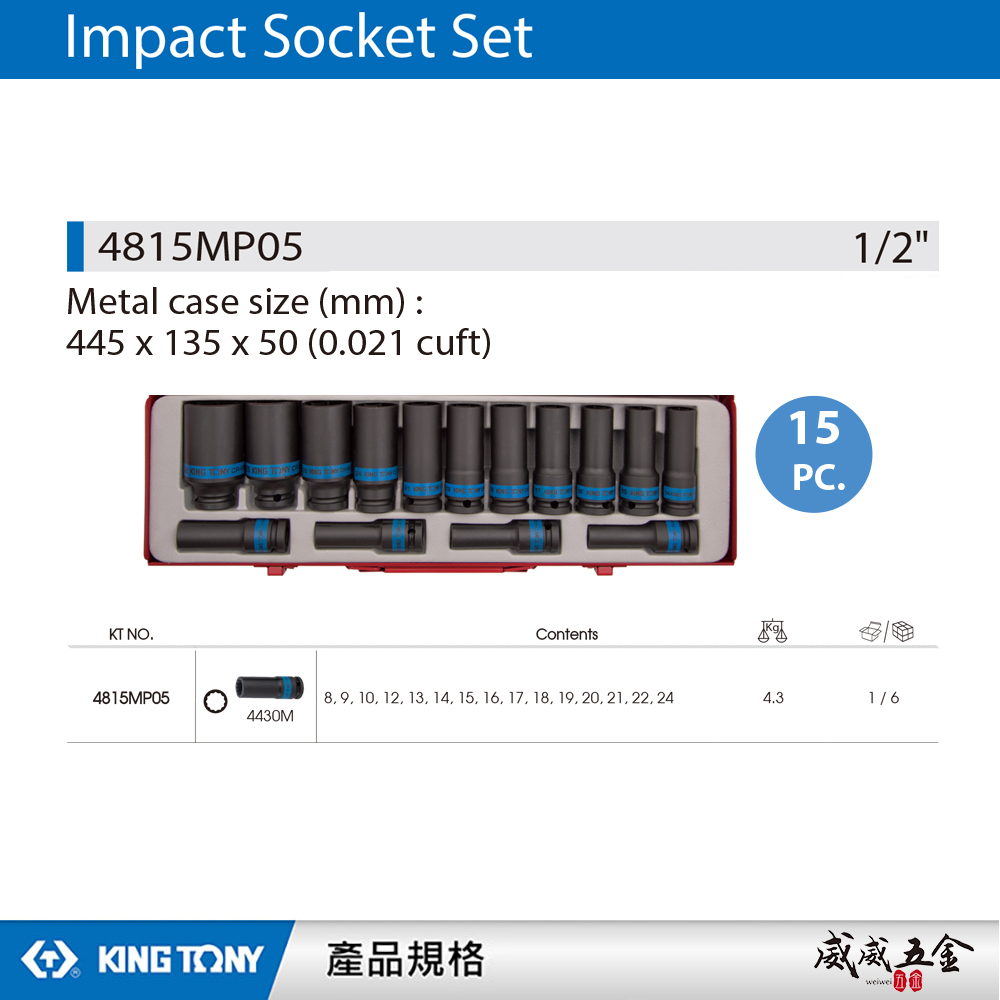 KING TONY 金統立｜8-24mm 四分 1/2" 十二角長套筒組 4分 氣動長套筒｜4815MP05｜台灣製｜公司貨