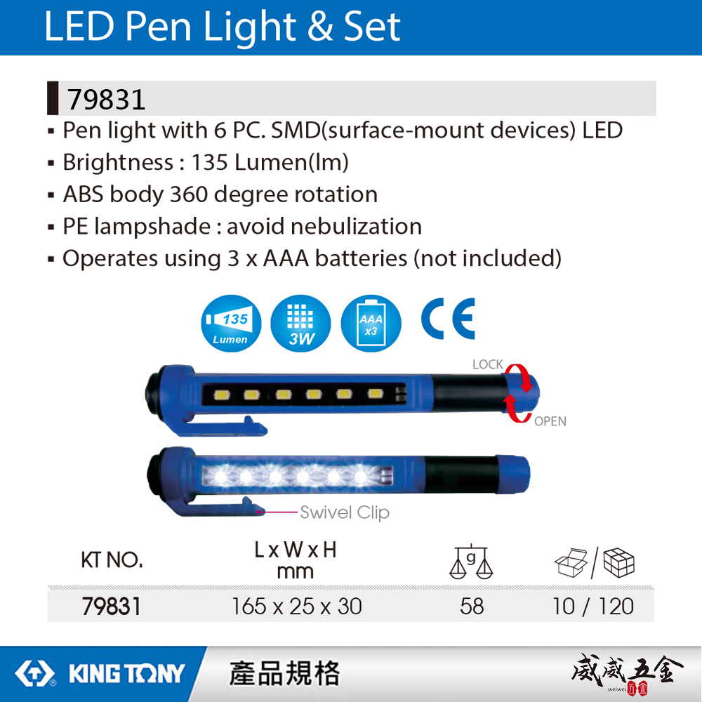 KING TONY 金統立 台灣製｜135流明 3W LED筆燈 附夾式手電筒 探照燈 照明燈｜79831｜台灣製｜公司貨