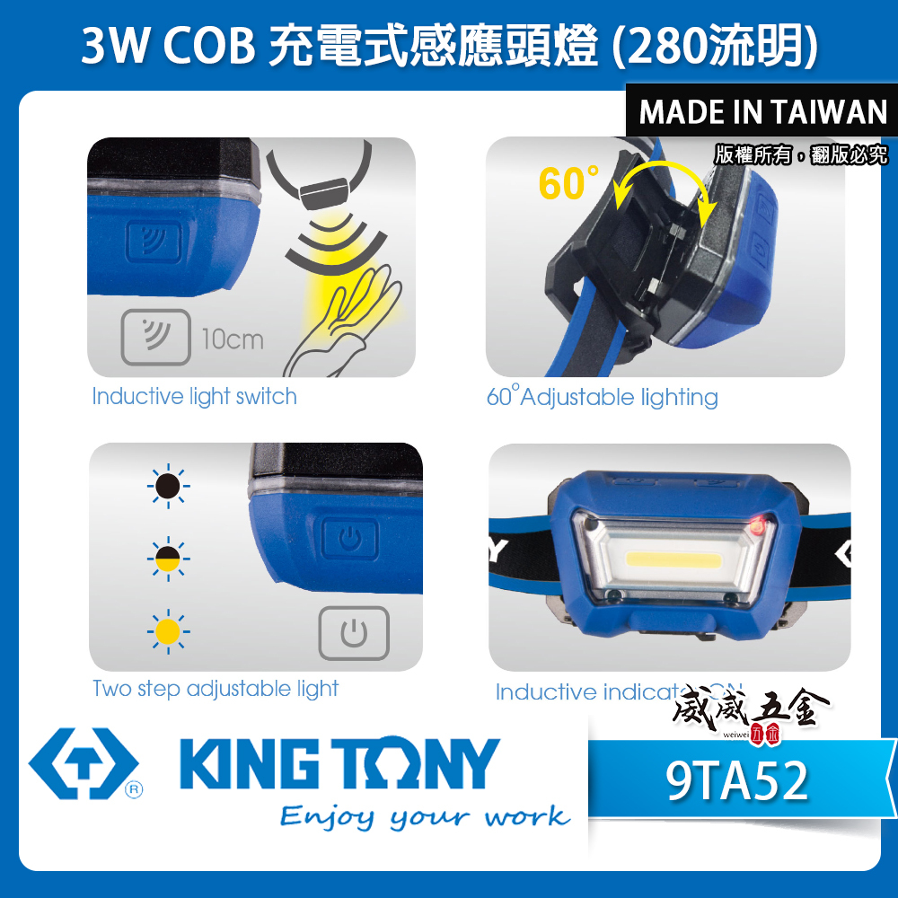 KING TONY 金統立 台灣製｜3W COB充電式感應頭燈 充電白光頭戴燈 LED工作燈｜9TA52 B
