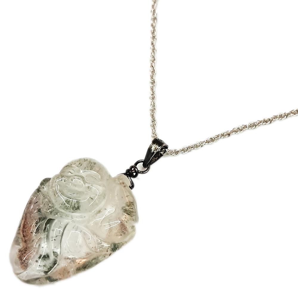 彌勒佛綠幽靈水晶鑲925銀墜+鋼鍊【十方】148711