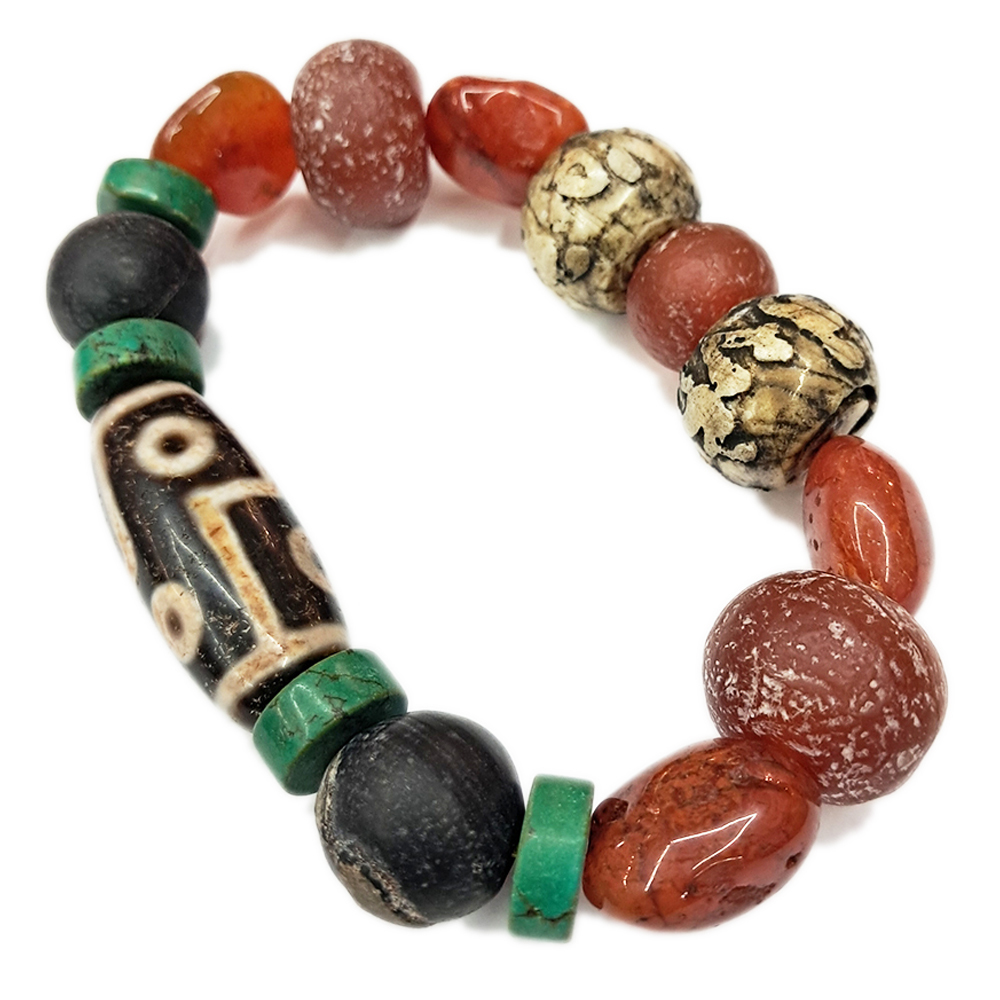 五眼天珠&紅玉髓&六字真言{老硨磲}手珠16mm【十方】154302