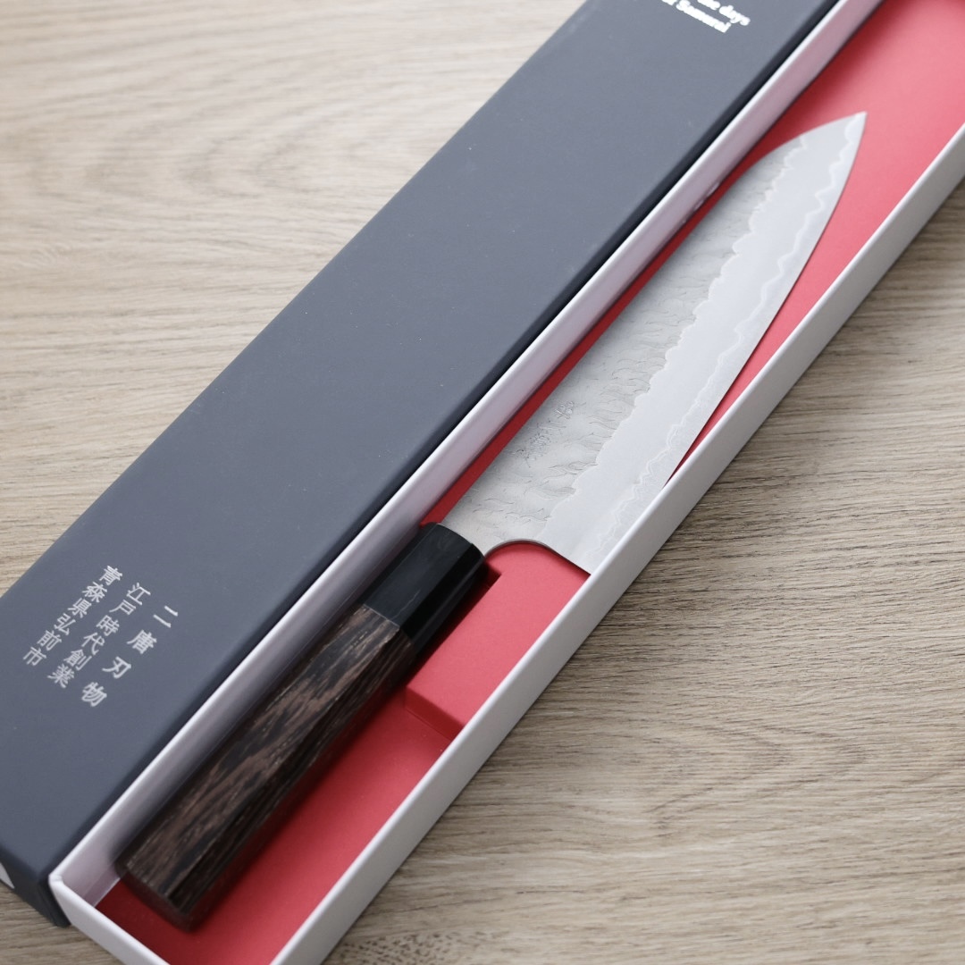 二唐刃物 牛刀 210mm 青紙超級鋼 柳葉鎚目