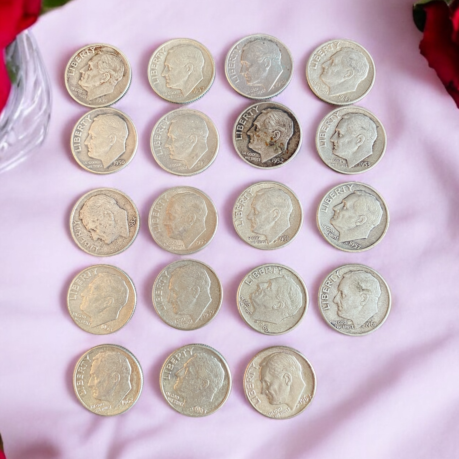 1946 -1964 United States 1 dime silver coins in total of 19 different years (90% silver)