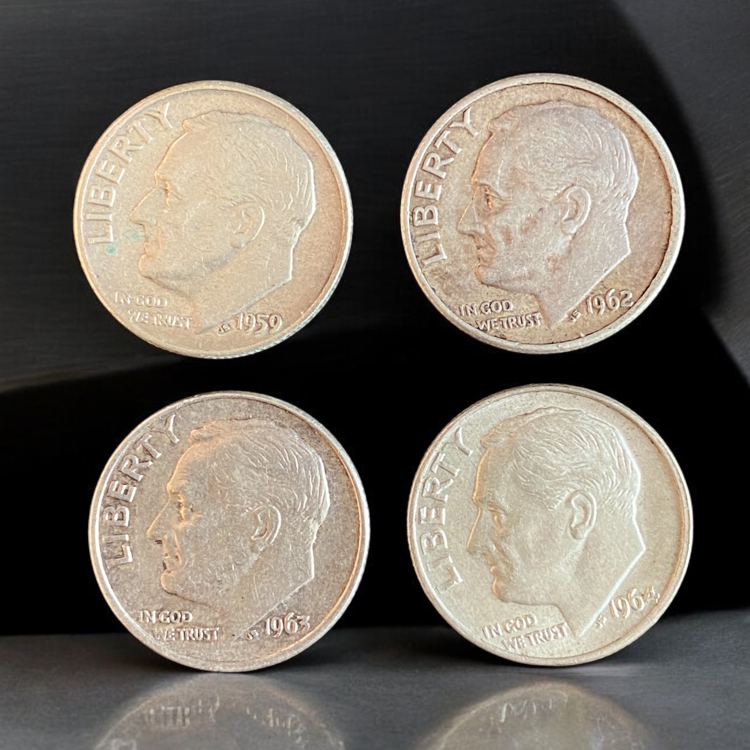 1959, 1962, 1963, 1964 USA 1 dime silver coins in total of four (90% silver)