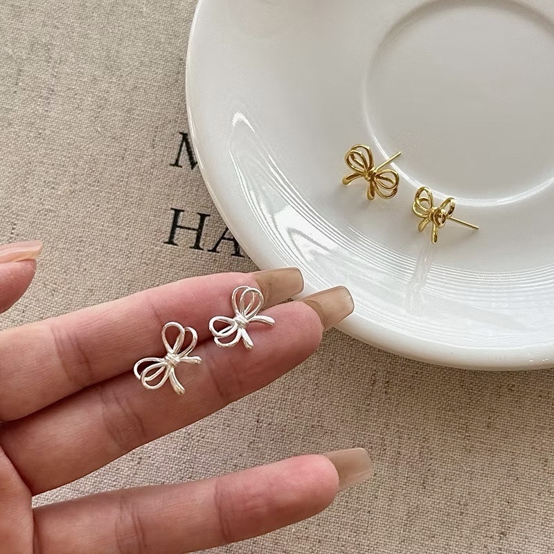 sweet立體鏤空金銀蝴蝶結耳釘