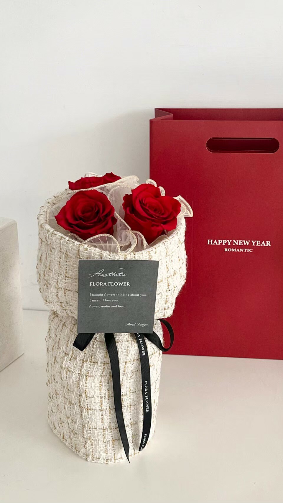 3朵永生玫瑰花束-酒紅