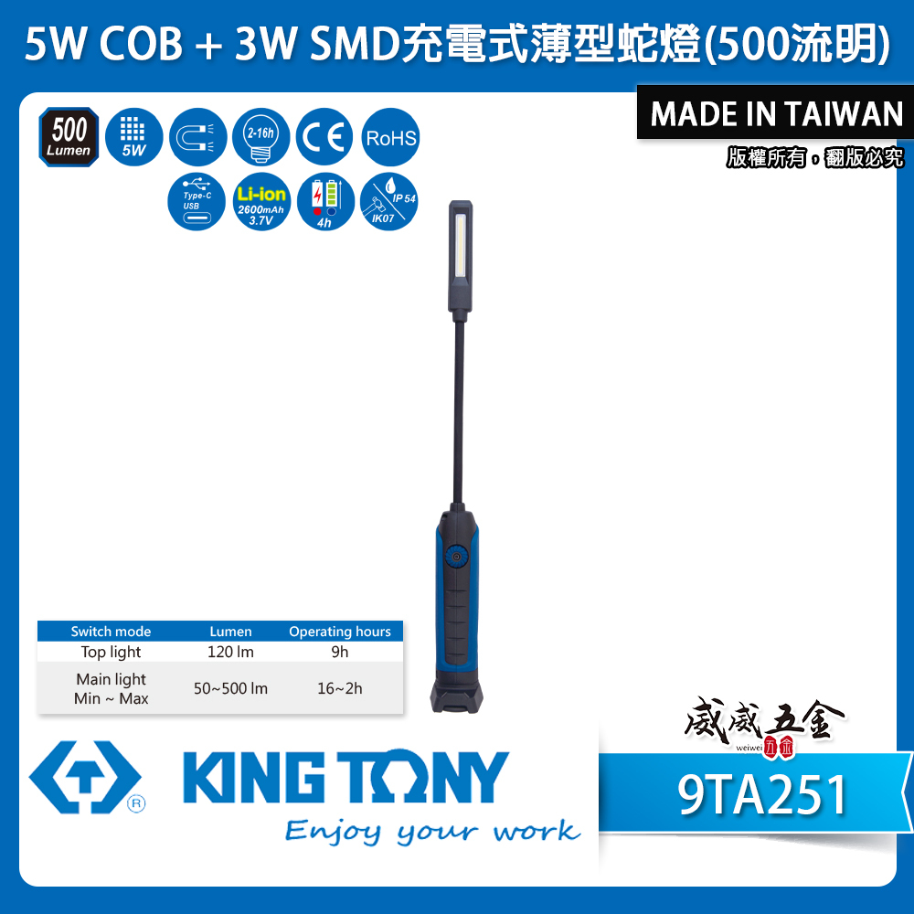 KING TONY 金統立 台灣製｜5W COB薄型蛇燈工作燈 白光探照燈 雙燈 充電手電筒｜9TA251B｜9TA251