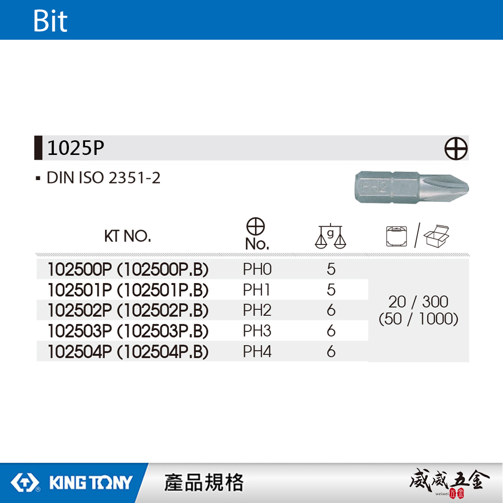 KING TONY 金統立 ｜1/4" 十字起子頭 長25mm 十字頭螺絲用 短版起子頭 十字頭｜1025P