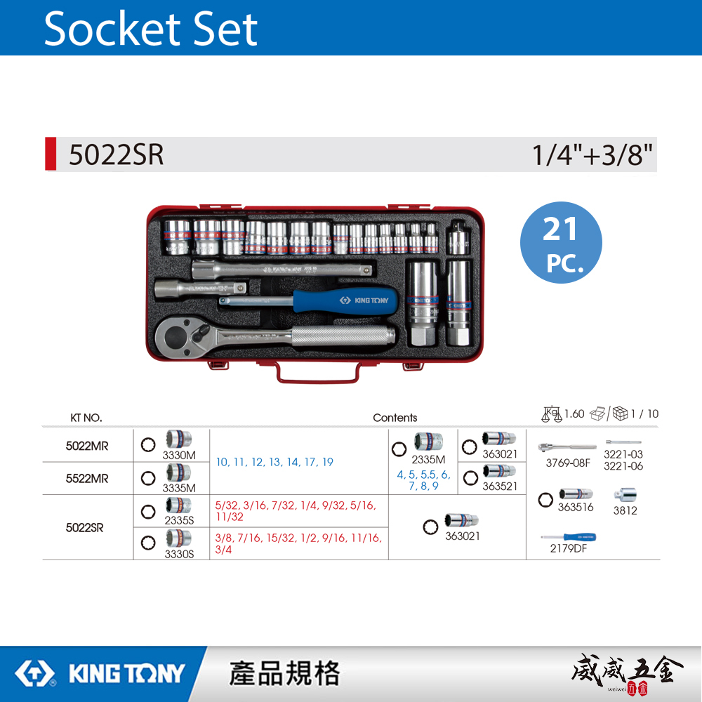 KING TONY 金統立｜英制 2分+3分 套筒組 21件式 1/4"+3/8" 套筒扳手組｜5022SR